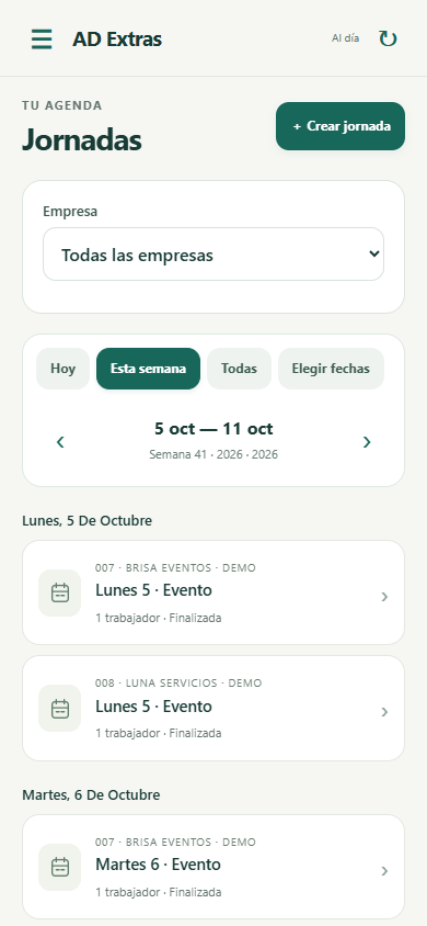 Pantalla real de AD Extras Demo: jornadas de la semana filtradas por empresa